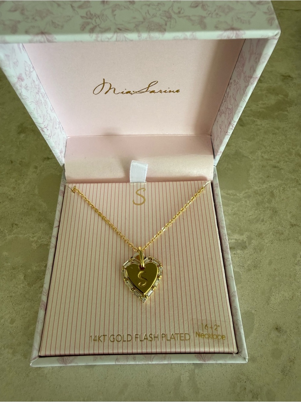 Mia Sarine 14KT Gold Flash Plated Initial S Heart Pendant Necklace 16"+2" Boxed